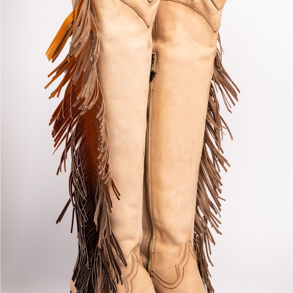 Fringe Knee-High Boots - Beige